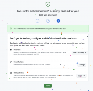 Страница с поздравлениями об успешной настройке двухфакторной аутентификации и дополнительными настройками.